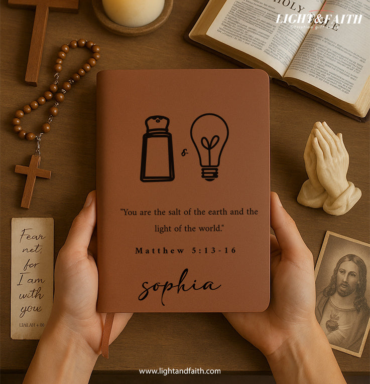 Personalized Christian Journal with Matthew 5:13-16 Design, Custom Name Prayer & Faith Notebook, Religious Gift, First Communion Gifts, Birthday. NBLAF27